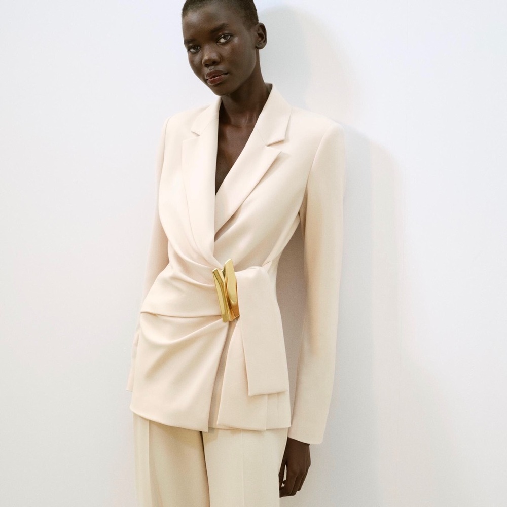 Women's Cream Tailored Wrap Blazer with Gold Accent